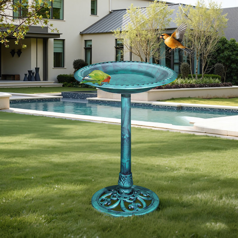 Bain d'oiseaux extérieur en polyrésine de 28 pouces Bobigny, bain d'oiseaux décoratif autoportant avec bord évidé, base stable remplissable, bain d'oiseaux de jardin antique pour cour, pelouse, patio