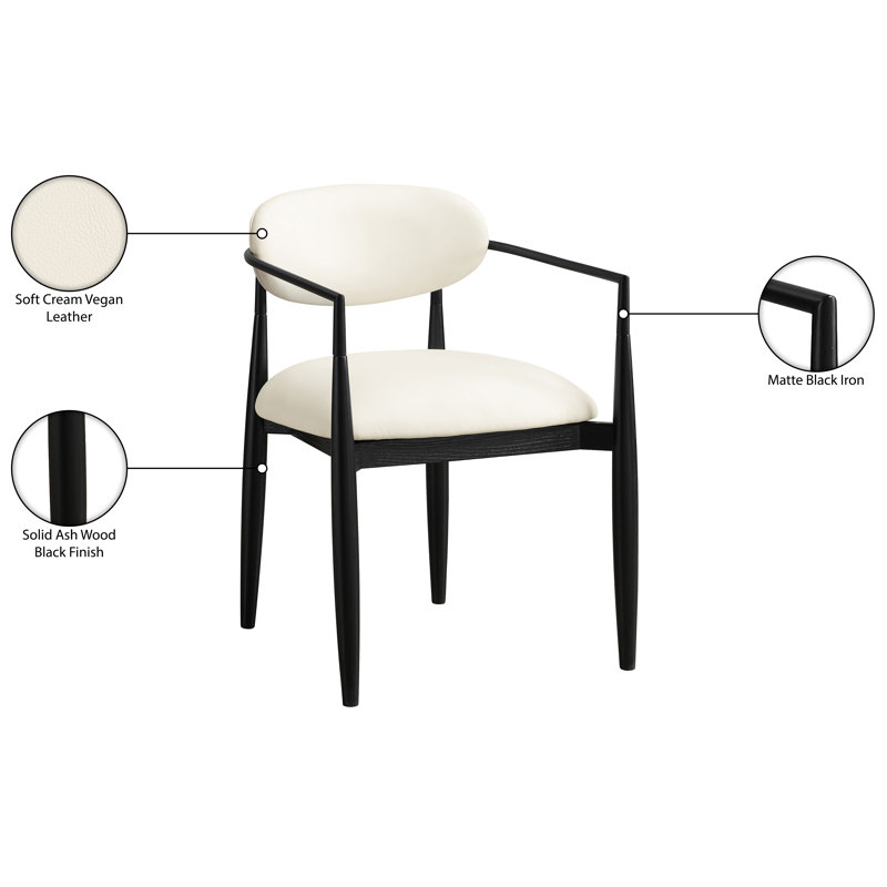 Eligah Vegan Leather Upholstered Dining Arm Chair, Cream Vegan Leather, Stained Black / Powder Coated Black