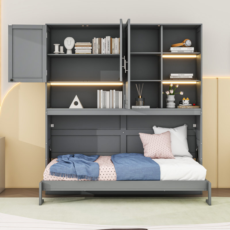 Lit escamotable simple avec tablettes et lumière, Gris