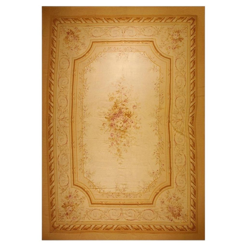 1850s Antique Masterpiece Beige Field Floral Medallion Weave French Aubusson Rug