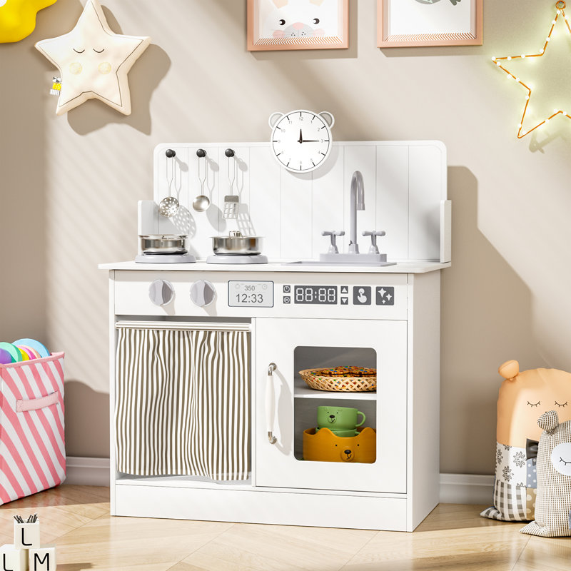 Kids Kitchen Playset With Ample Storage, Interactive Play Kitchen With Simulated Gas Tray, Sink, Faucet, 6 Pcs Cookware, Educational Clock For Toddlers(White)