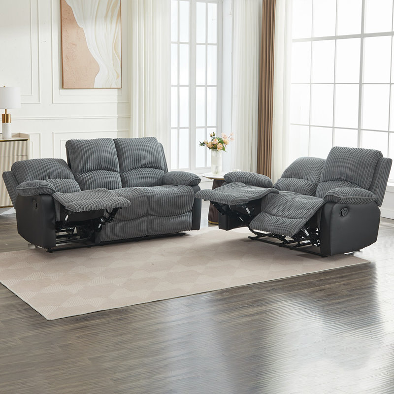 Reclining Sofa Sectional Recliner Plush Corduroy Couches Set Sofa, Manual - Push Button