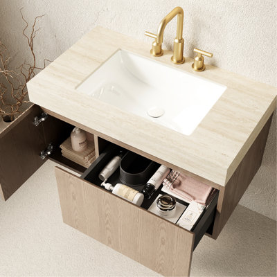 Meuble-lavabo flottant 36 po, armoire de rangement en contreplaqué, pierre frittée, cuve en céramique, 3 trous de robinet pré-percés, brun, assemblé, facile à installer, assemblage à fermeture en douceur