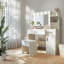 Dressing Table With LED Mirror & Storage Stool, White Vanity Desk With 3-Color & Dimmable Lights