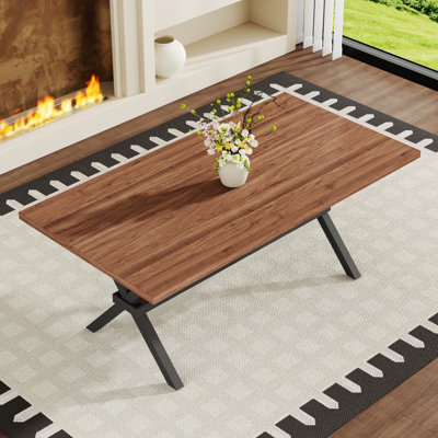 71 * 35.4 Inch Walnut MDF Splicing Desktop With X-Shaped Metal Frame Dining Table. Modern Industrial Style Multifunctional Dining Table For Household Dining, Suitable For 6-8 People.