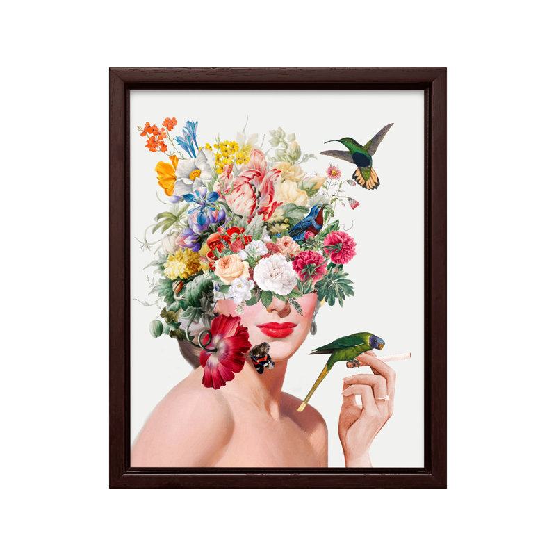 Femme et fleurs n ° 1, Canevas, H 12 po x l 16 po, Encadrement brun