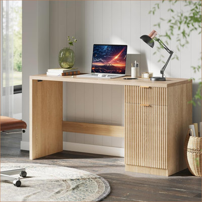 55" Executive Desk with Storage, Modern Home Office Desk with Drawer & Cabinet, Wood Fluted Computer Desks Workstation Writing Conference Table for St by Ebern Designs