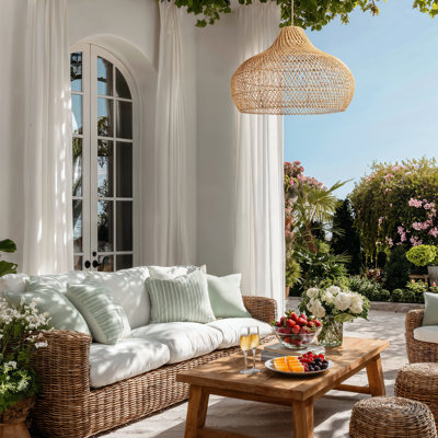 Kloe Outdoor Rattan Pendant Light - 14" Natural Brown Dome 1-Light Polished Handwoven Adjustable Light Fixture For Covered Patio, Porch in Modern, Traditional, Boho & Coastal Style