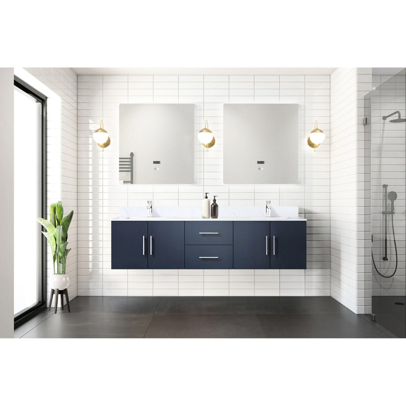 Meuble-lavabo double bleu marine 72 po - Comptoir et robinet en marbre avec deux compartiments de rangement spacieux, Marine