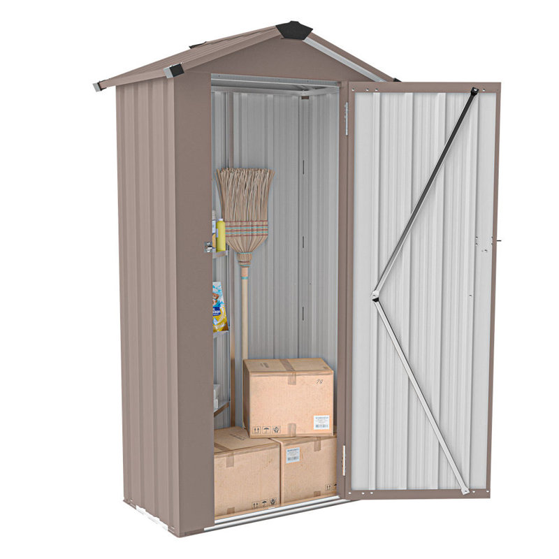 Waterproof Outdoor Storage Cabinet With Shelves, Lockable Metal Tool Shed, Brown