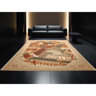 Tapis beige lavable à la machine à motif rétro vieille ville de Cracovie - reliure beige