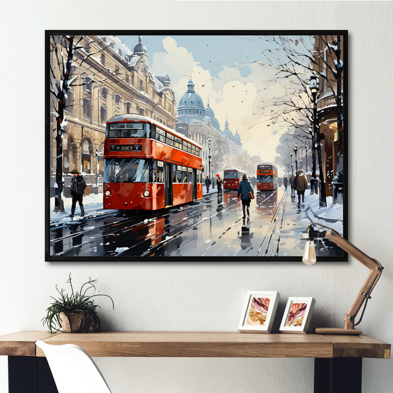 London Urban Red Bus In UK - Bus, art mural, Cadre flottant noir, H 30 po x l 40 po x P 1,5 po