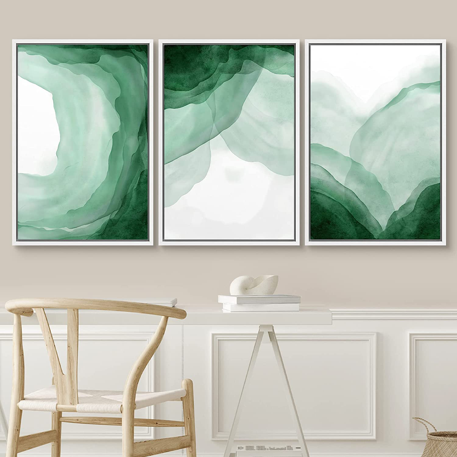 Home Office Decor for Women Framed 3 Piece Wall Art Print Set, Sage Green  Watercolor Greenery Designer Wall Art Office Professional Decor 