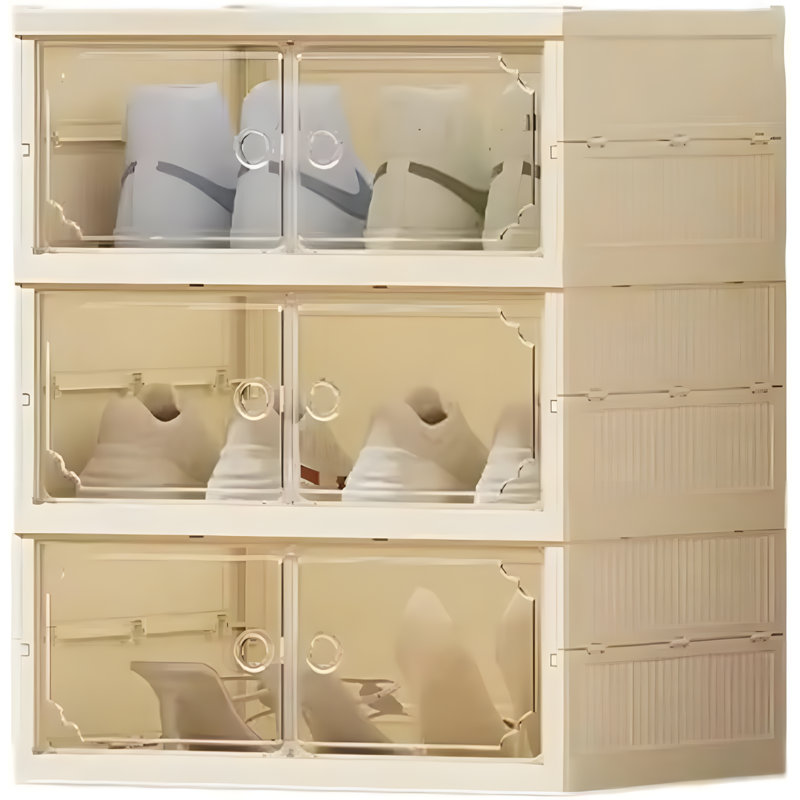 3-Tier Foldable Shoe Rack Organizer With Magnetic Door, No Assembly Required, Stackable Plastic Shoe Storage Cabinet For Closet, Entryway, Sneakers, High Heels