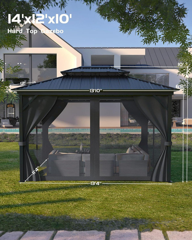 Pavillon de jardin à toit rigide avec double toit en acier galvanisé - filet respirant et rideaux d'intimité pour la cour