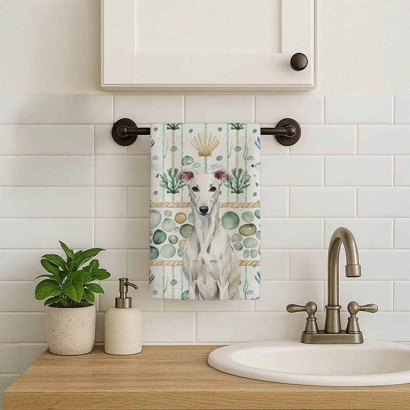 White Greyhound Coastal Sea Glass Kitchen Towel, White Greyhound