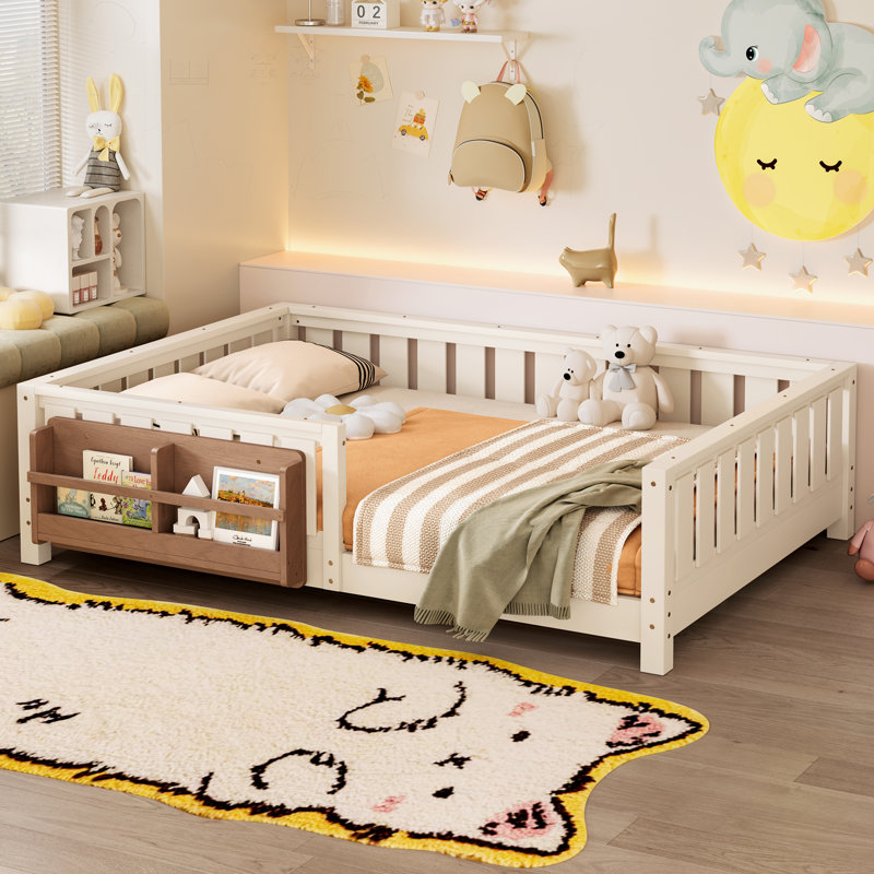 Full bed with built-in bookshelf and high-quality safety guardrail,Beige, Beige, Full