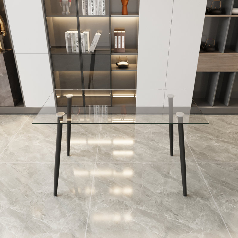 Table de salle à manger de 51 po en verre rectangulaire minimaliste moderne pour 4 à 6 personnes avec plateau en verre trempé de 0,31 po et pieds en métal noir, bureau de table d'écriture, pour la cuisine, le salon et la salle à manger (0 dégât)
