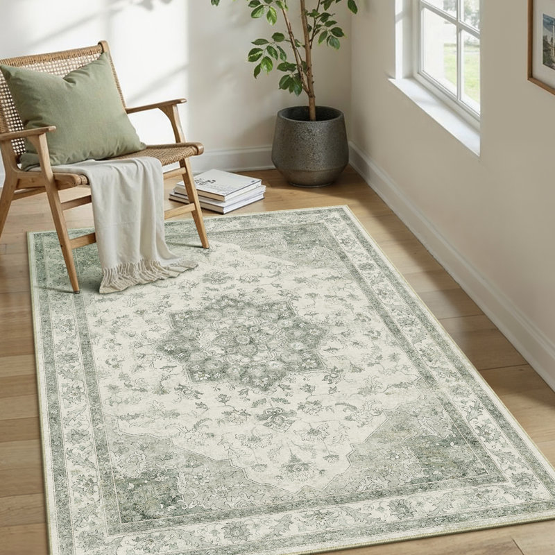 Tapis oriental vert lavable à la machine Stella, Rectangulaire 3 pi x 5 pi, Vert clair, 0.28"