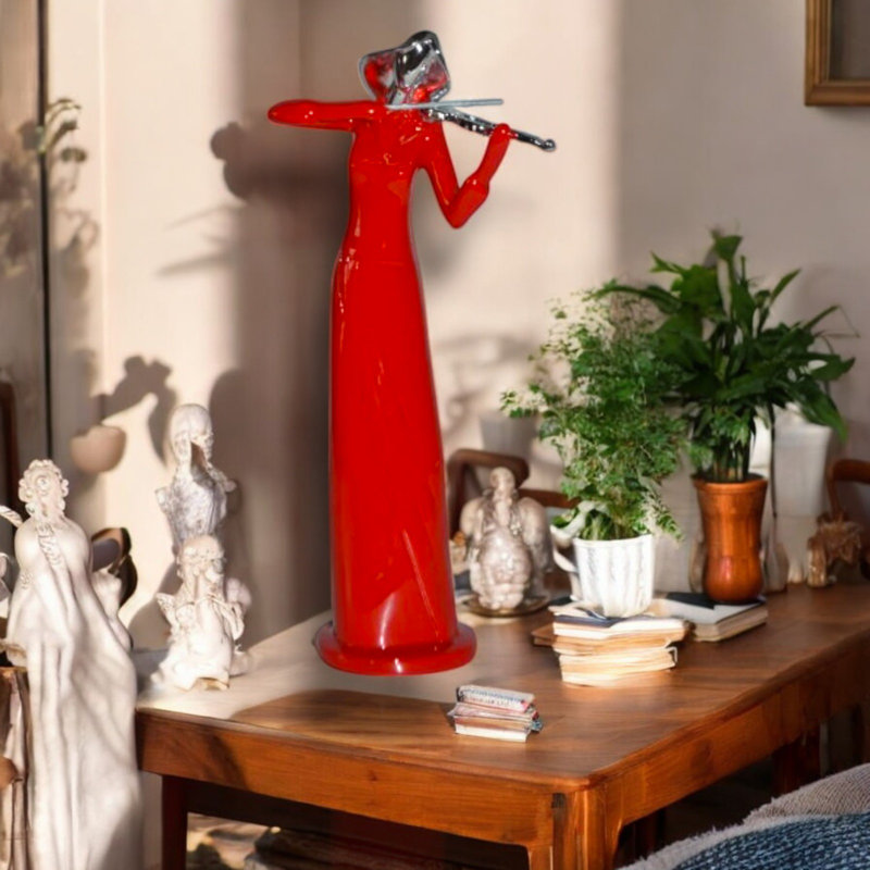 Women Playing Violin Red & Chrome Resin Statue - Amabella Perfect Home Decor Sculpture, 5"Lx4"Wx12"H, Red