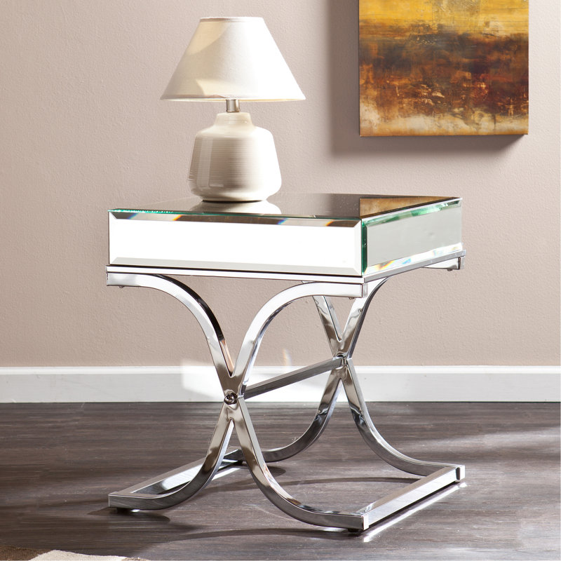 Mirrored End Table With Metal Base