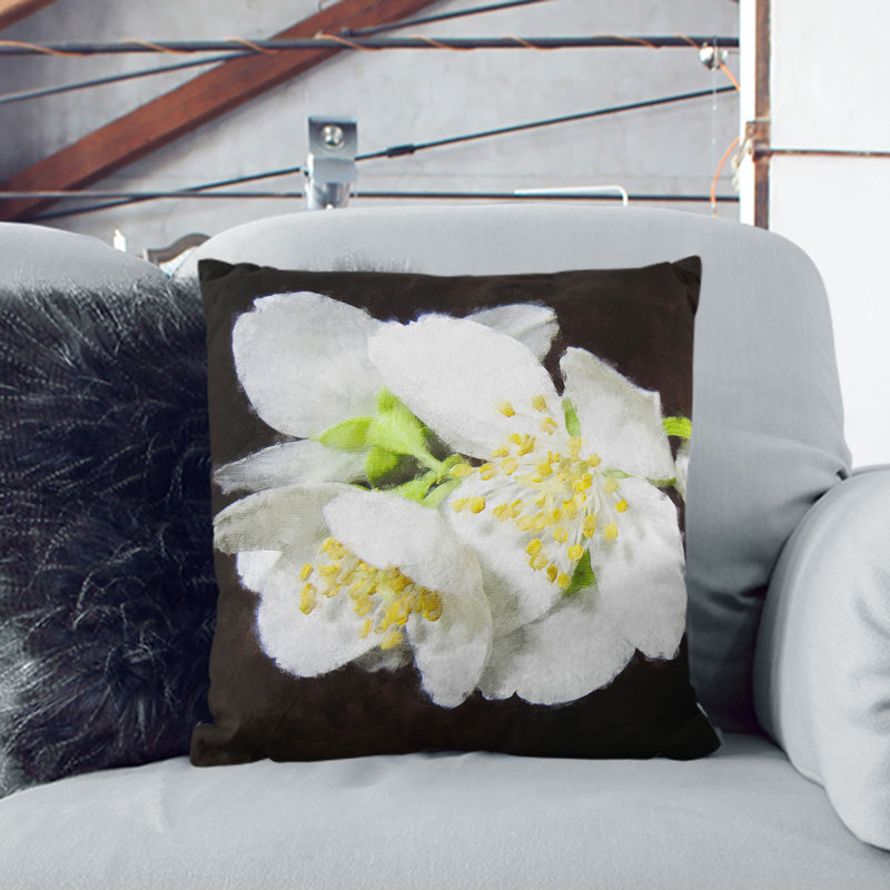 Jasmine Flowers Painting Cushion with Filling, Black, 40cm H x 40cm W x 15cm D