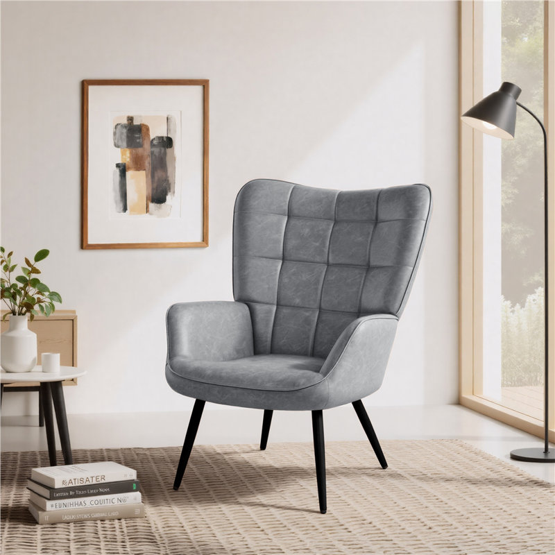 Aichele 29" W x 31.5" D Faux Leather Wingback Chair, Gray Faux Leather