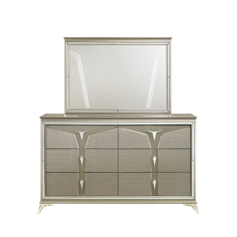 Commode à 6 tiroirs de style moderne en bois et accents en miroir