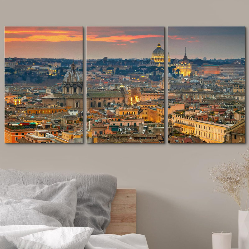 Merveilleuse vue de Rome au coucher du soleil avec la cathédrale Saint-Pierre, art moderne encadré, Toile tendue