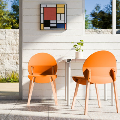 Summer - 4-Pack Tropical Orange Chairs – Red Oak Wood Legs & PP Seat, Indoor Dining & Living Room Furniture Set, 20.08" L x 19.29" W x 31.89" H, Polypropylene,Red Oak, 4 Pieces, Chair
