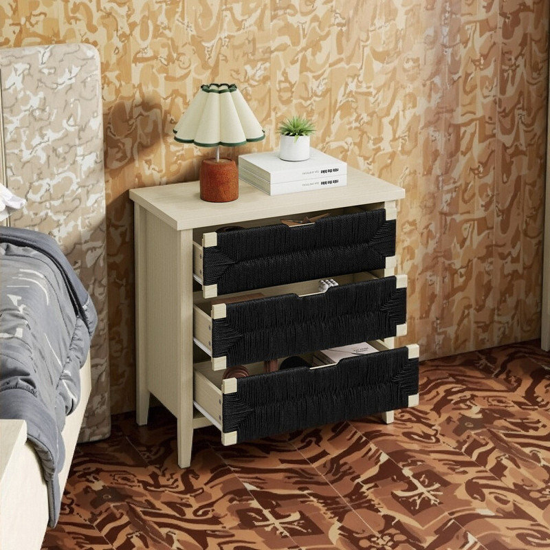 48W x 36H x 18D 3-Drawer Buffet Sideboard With Hand-Woven Rope Drawers, Adjustable Shelves Storage Cabinet