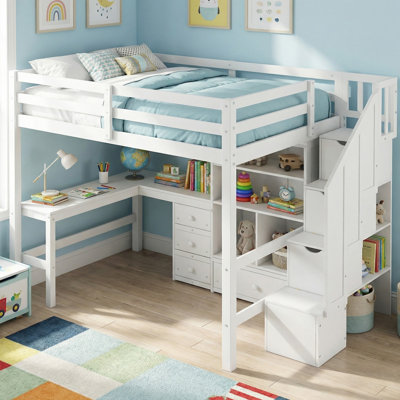 Lit mezzanine double en bois massif avec bureau en L et tiroirs, armoire et escalier de rangement pour la chambre à coucher