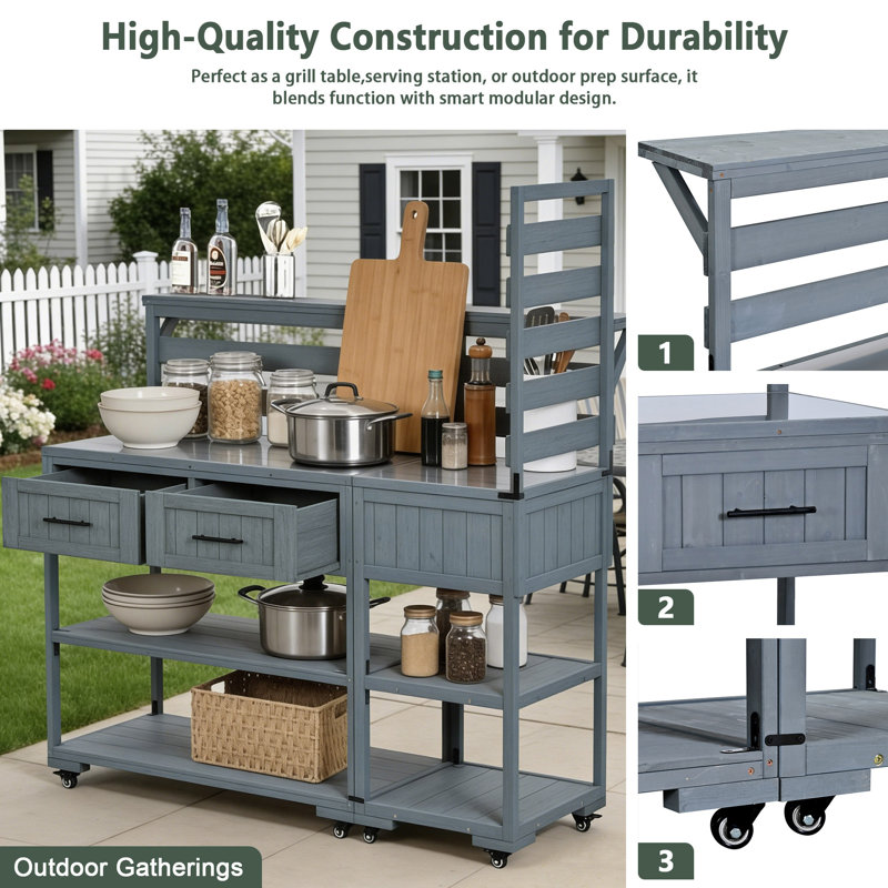 65‘’H Outdoor Patio Solid Wood Kitchen Island, Gray