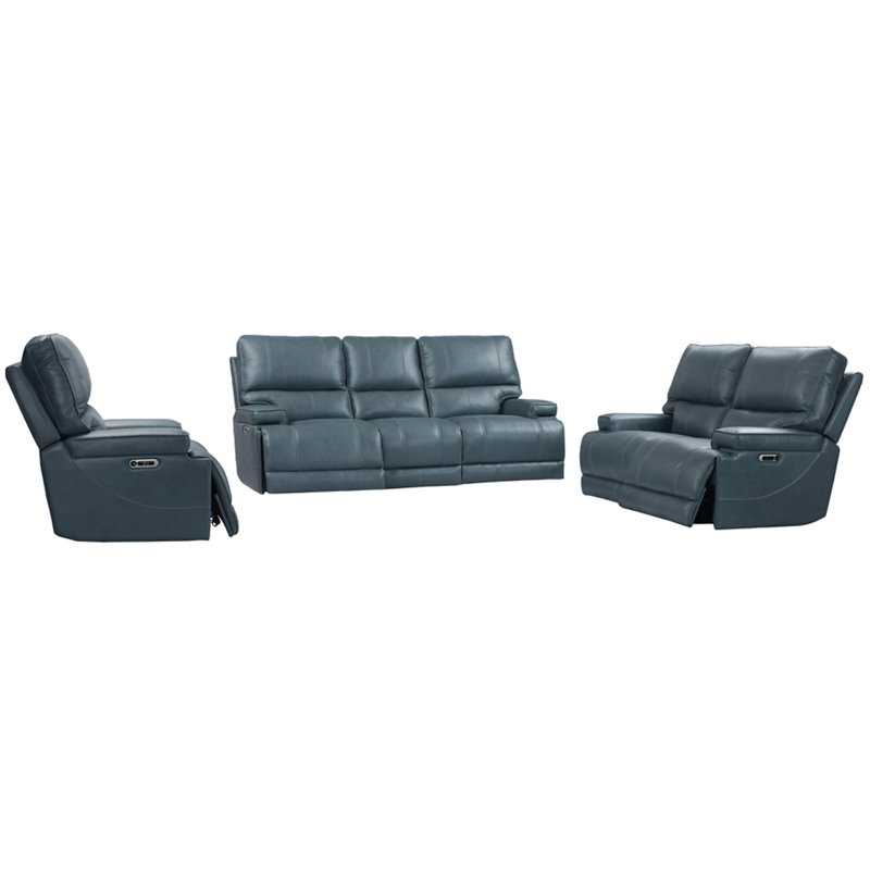 Ensemble de salon inclinable en cuir véritable 3 pièces Adlan, Azur Vérone