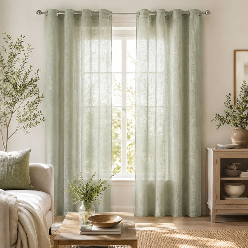 Heavyweight Faux Linen Sheer Curtain Panels Textured Slub Light Filtering Privacy Grommet Curtains for Farmhouse Living Room Sage Green 55x84inch