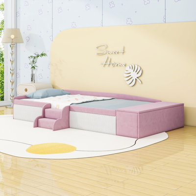Velvet Upholstered Ded with Storage Ottoman, Staircase and Padded Guardrails