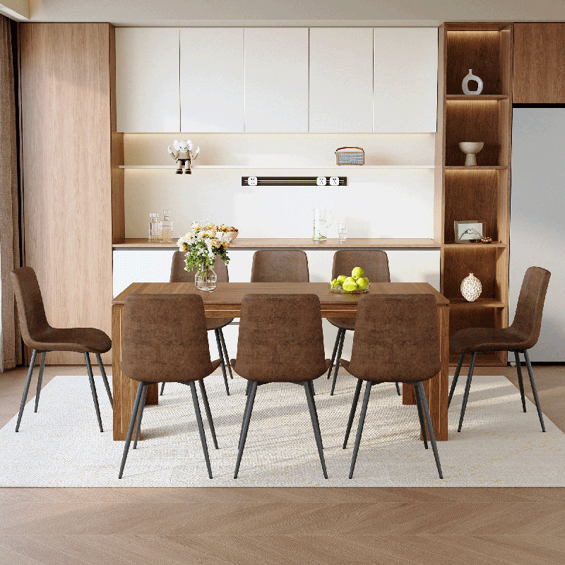 71" Wood Finish Dining Table Set For 6/8, Modern Rectangular Kitchen & Dining Room Set With PU Leather Chairs, Brown/Black