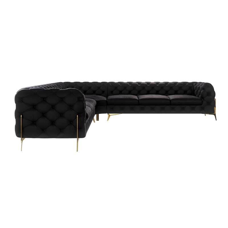 L-shape Corner Chesterfield Sofa  with Gold Metal Legs, Black