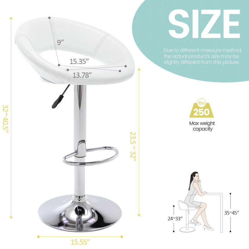 Mells Swivel Upholstered Adjustable Height Counter Stool with Metal Frame,Bar Stools, White, Silver