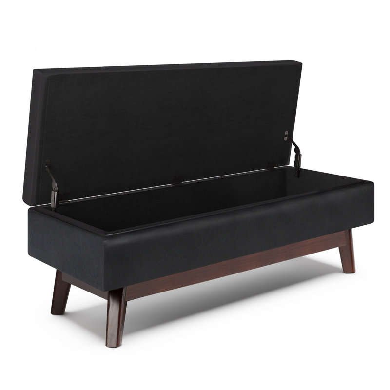 Owen 48"W Upholstered Mid-Century Modern Rectangular Lift-Top Ottoman with Tufted Detail, Midnight Black Faux Leather