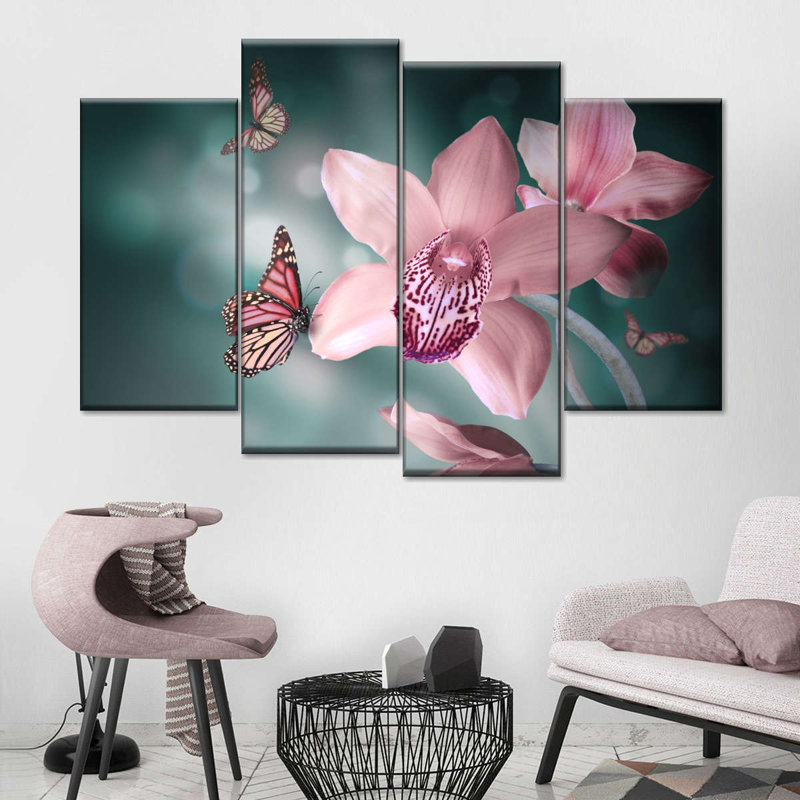 Ensemble 4 pièces papillon orchidée sur toile, H 22 po x l 36 po x P 1 po