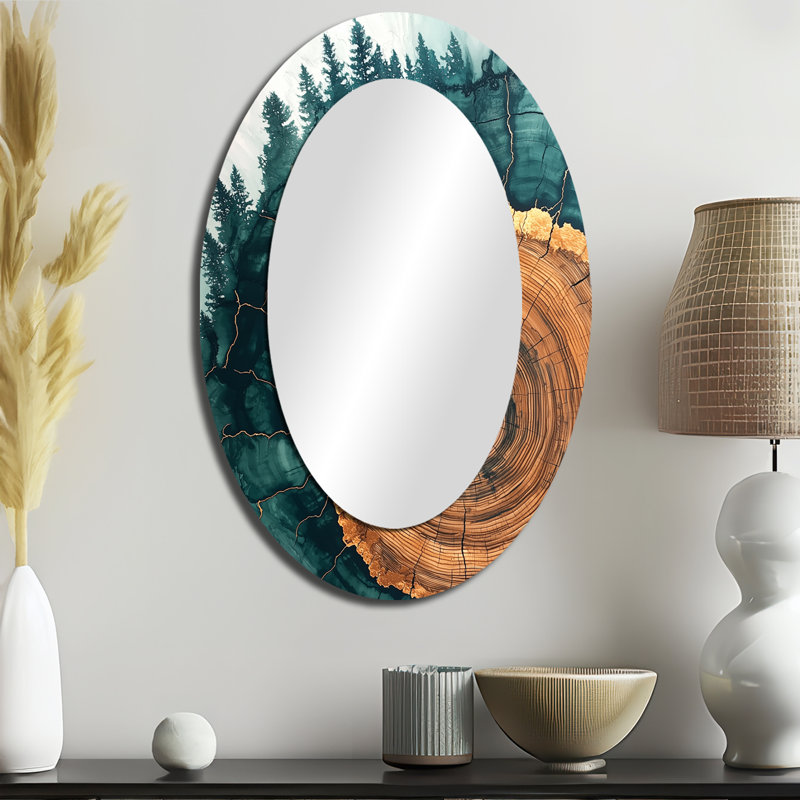 Forêt émeraude ondulant à travers les bois I - grand miroir mural ovale sur métal, 36 po x 24 po