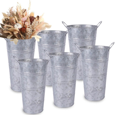 Set Of 6, 12-inch Galvanized Metal Flower Vases With Handles