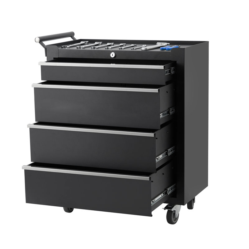 4-Drawer Rolling Tool Chest - Tool storage cabinet with wheels, locking system, drawer liners, and universal lockable wheels. Portable tool cart for garage or workshop. (Black)