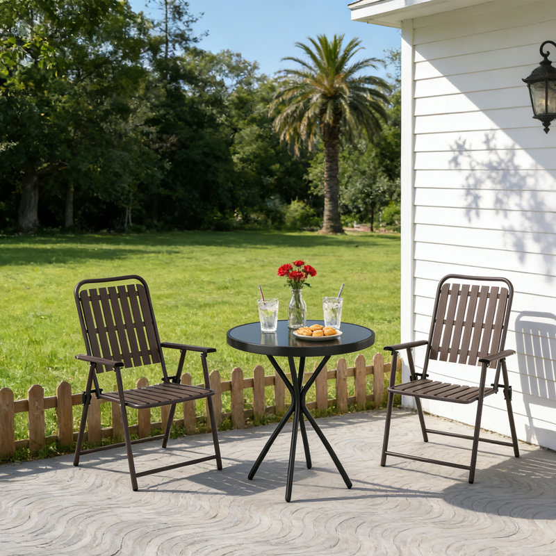 3-Piece Folding Bistro Set With Round Tempered Glass Table,2-Person Metal Outdoor Patio Dining Set, Brown