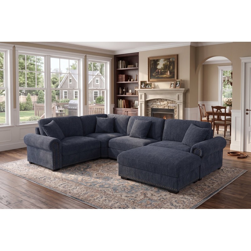 Errett Upholstered 5-Seat Roller Arms Cloud Corner Sectional Sofa, Dark Blue Polyester
