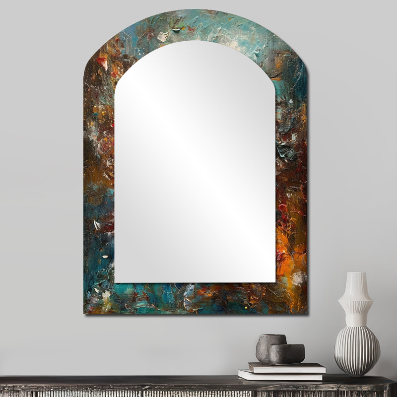 Autumn Bliss Afternoon Abstract Red Orange Blue I - Abstract Painting Asymmetrical Mirror, Blue Arch Decorative Wall Mirror, Printed Metal Art