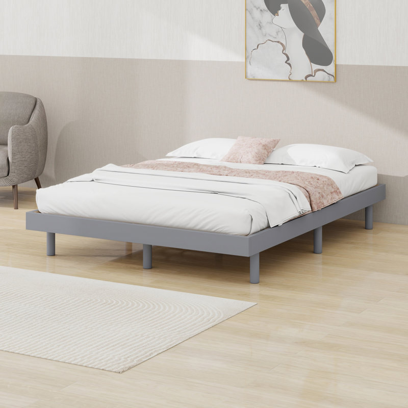 Karline Wooden Floating Platform Bed Frame, Full, Gray