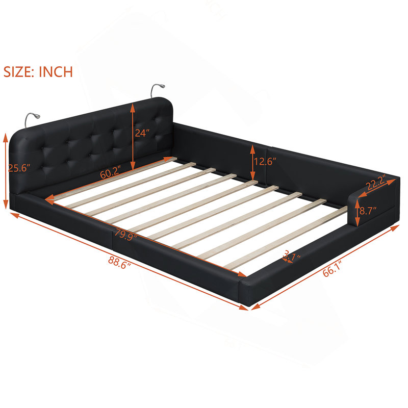 Queen Size Upholstered Platform Bed With 2 Reading Lights , Black