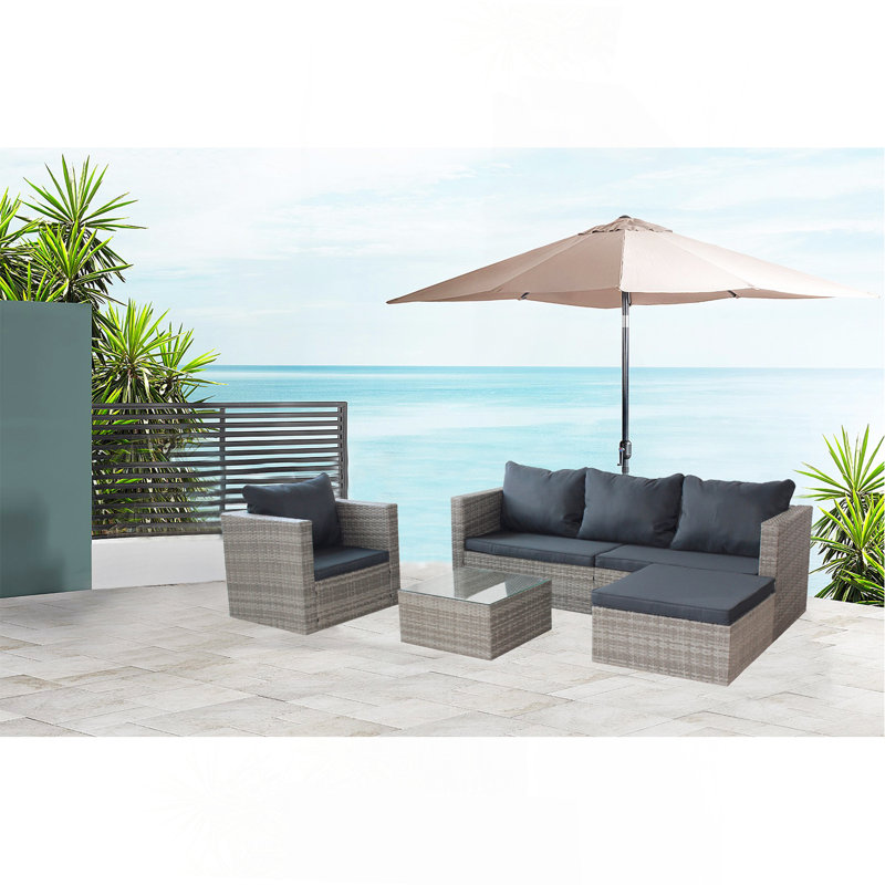 Ensembles de patio 4 pièces, Coussin gris / cadre brun clair